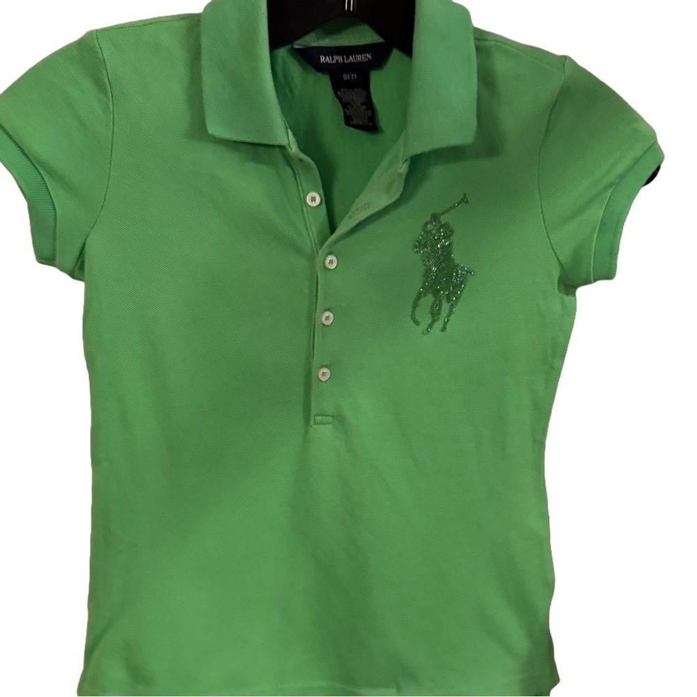 Ralph Lauren Girls Glitter Big Polo Shirt Green Short Sleeves Size Small (7)